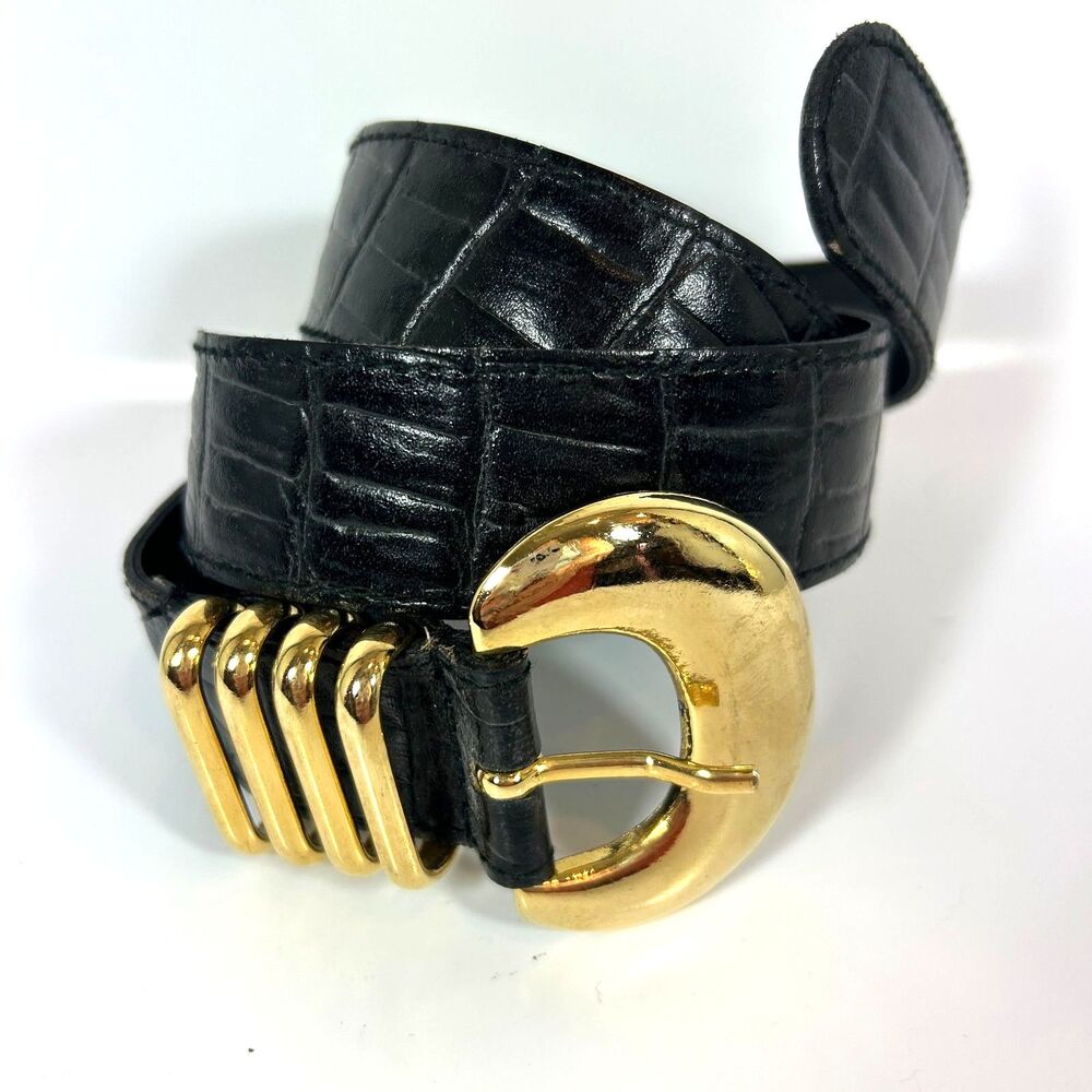 The Limited Italy Croc-embossed Black Leather Belt Medium Classic Career Office